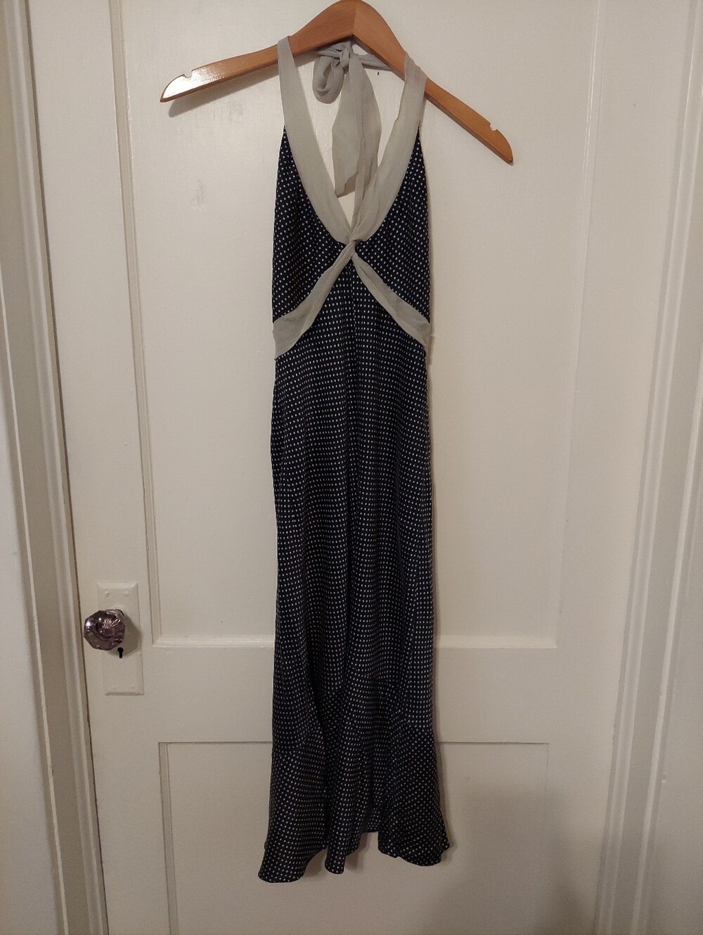 VTG Y2K Halter Midi Dress Womens Small Polka Dot 100%Silk Cocktail Party Evening